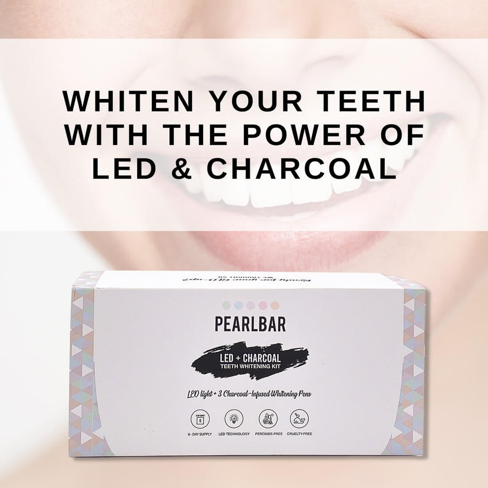 
                  
                    Woman smiling with white teeth and box of PearlBar LED + Charcoal Teeth Whitening Kit and text "Whiten your teeth with the power of LED & charcoal"
                  
                