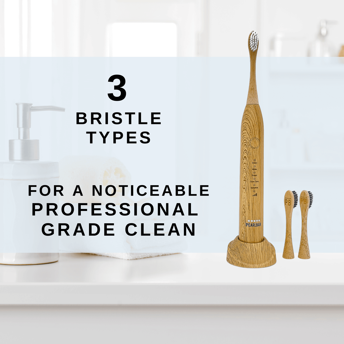 PearlBar Bamboo Sonic Electric Toothbrush - 3 replaceable Bamboo Electric Toothbrush Heads - Sonic powered - Charcoal bristles for teeth whitening without sensitivity