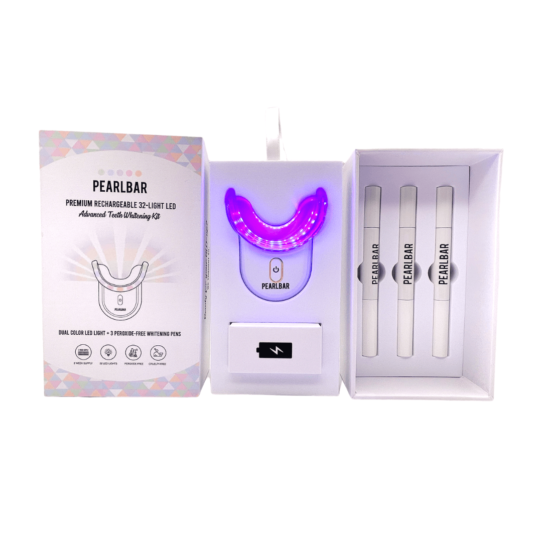 PearlBar Premium 32 Light LED Advanced Teeth Whitening Kit Pictured with Box, Portable LED Light, Botanical Teeth Whitening Pens, and Peroxide-Free Gel