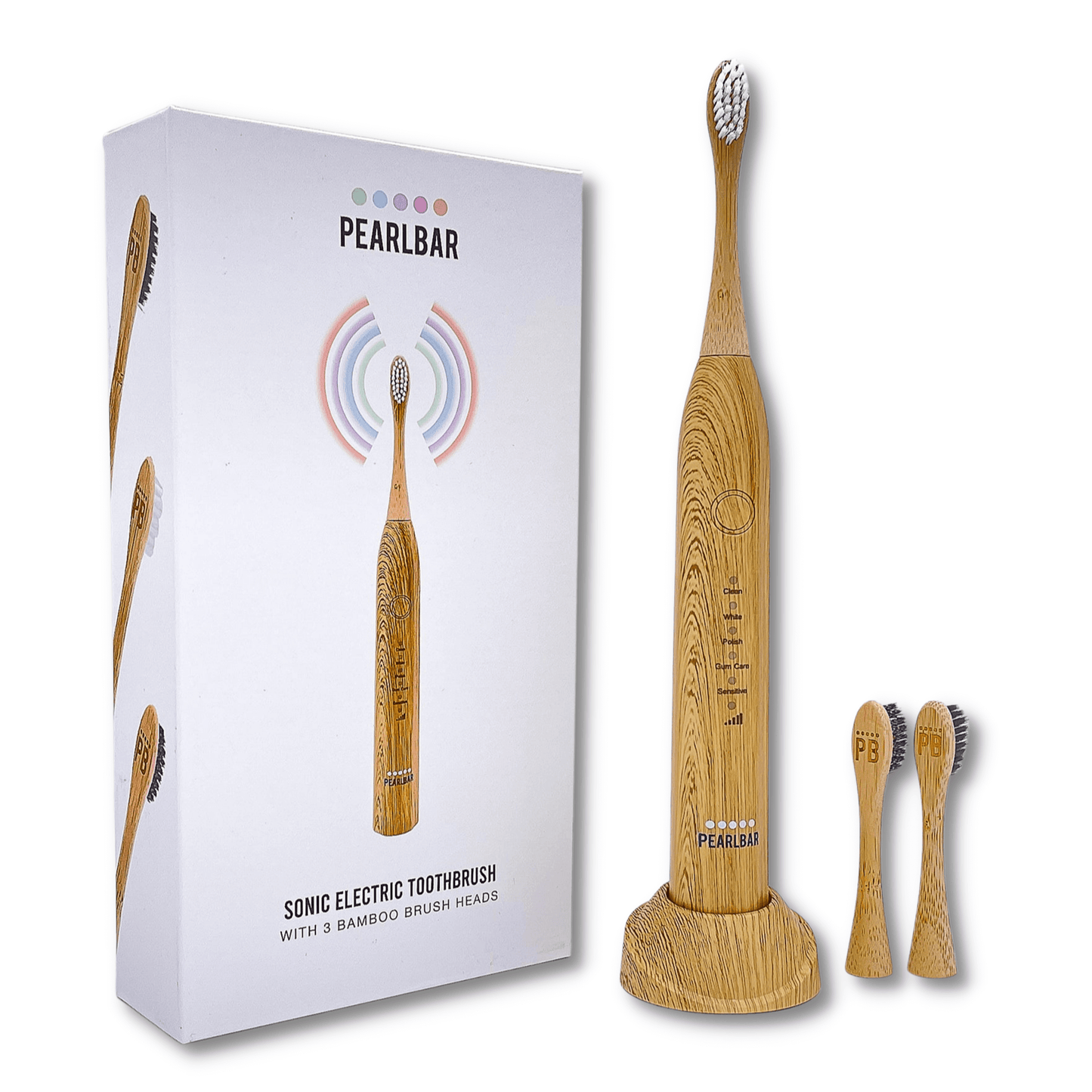 PearlBar Bamboo Sonic Electric Toothbrush - 3 replaceable Bamboo Electric Toothbrush Heads - Sonic powered - Charcoal bristles for teeth whitening without sensitivity