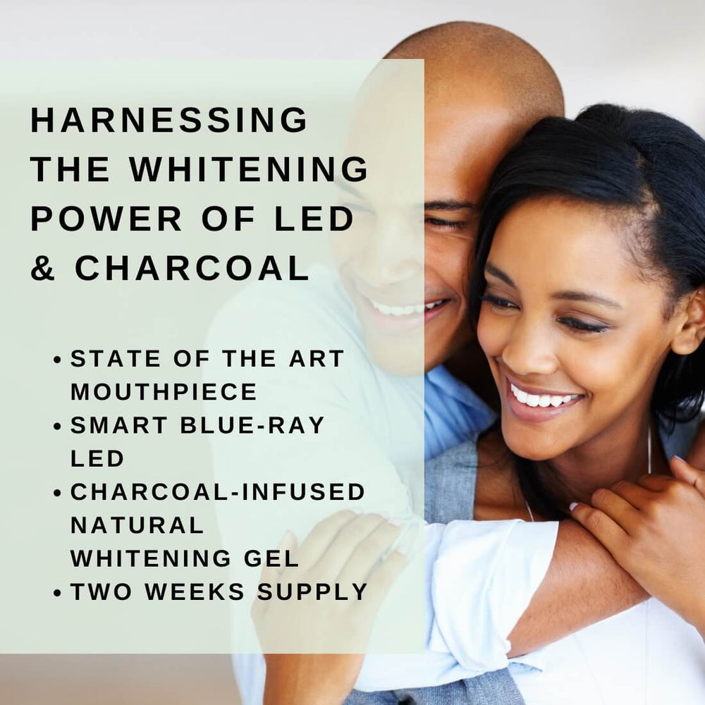 Couple smiling with text that says "Harnessing the Whitening Power of LED and Charcoal" and listed benefits of product: -state of the art mouthpiece, smart blue-ray LED, charcoal-infused natural whitening gel, two-weeks' supply