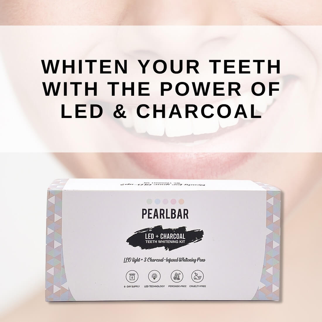 
                  
                    Woman smiling with white teeth and box of PearlBar LED + Charcoal Teeth Whitening Kit and text "Whiten your teeth with the power of LED & charcoal"
                  
                