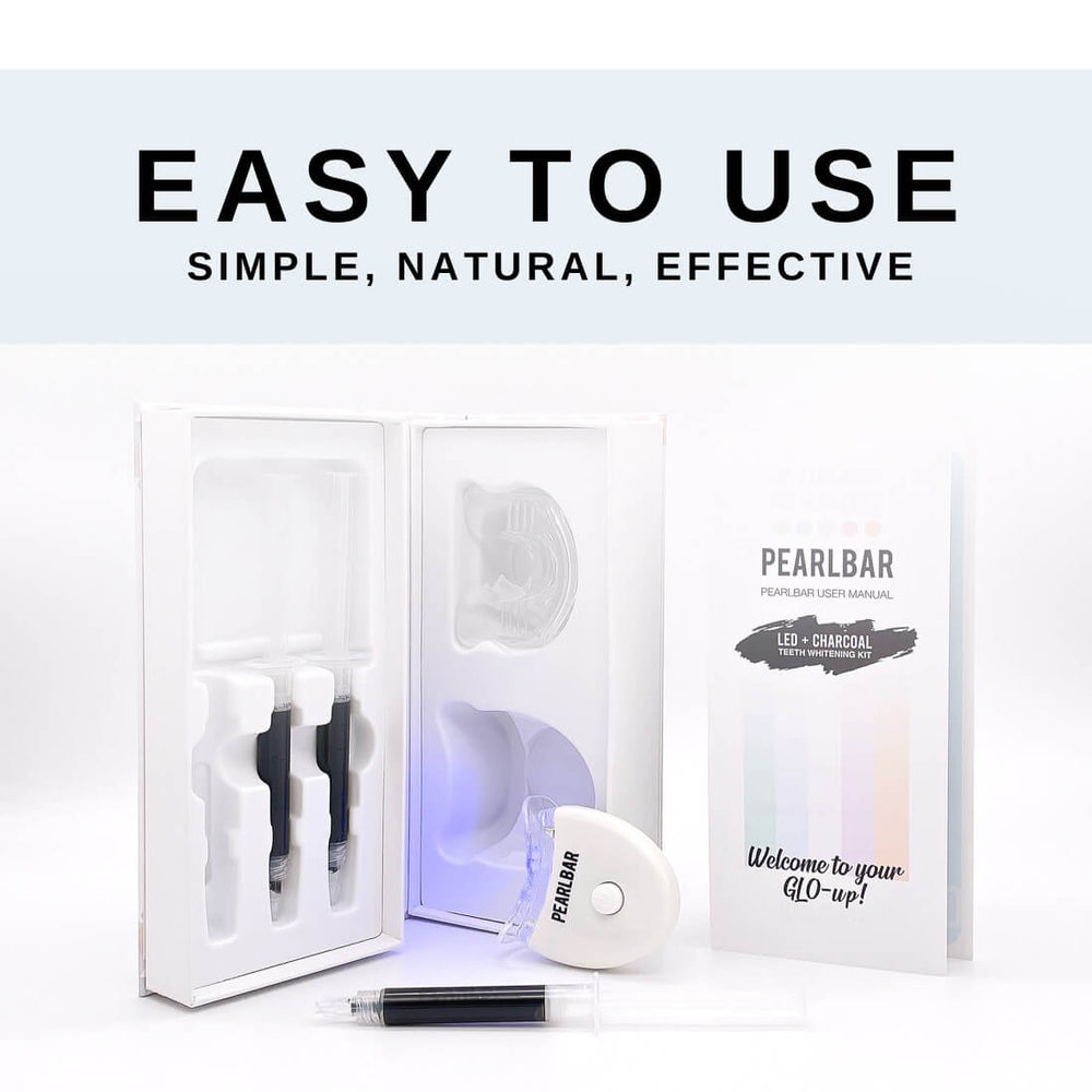 
                  
                    PearlBar LED + Charcoal Teeth Whitening Kit with text "Easy to Use: Simple, Natural, Effective"
                  
                