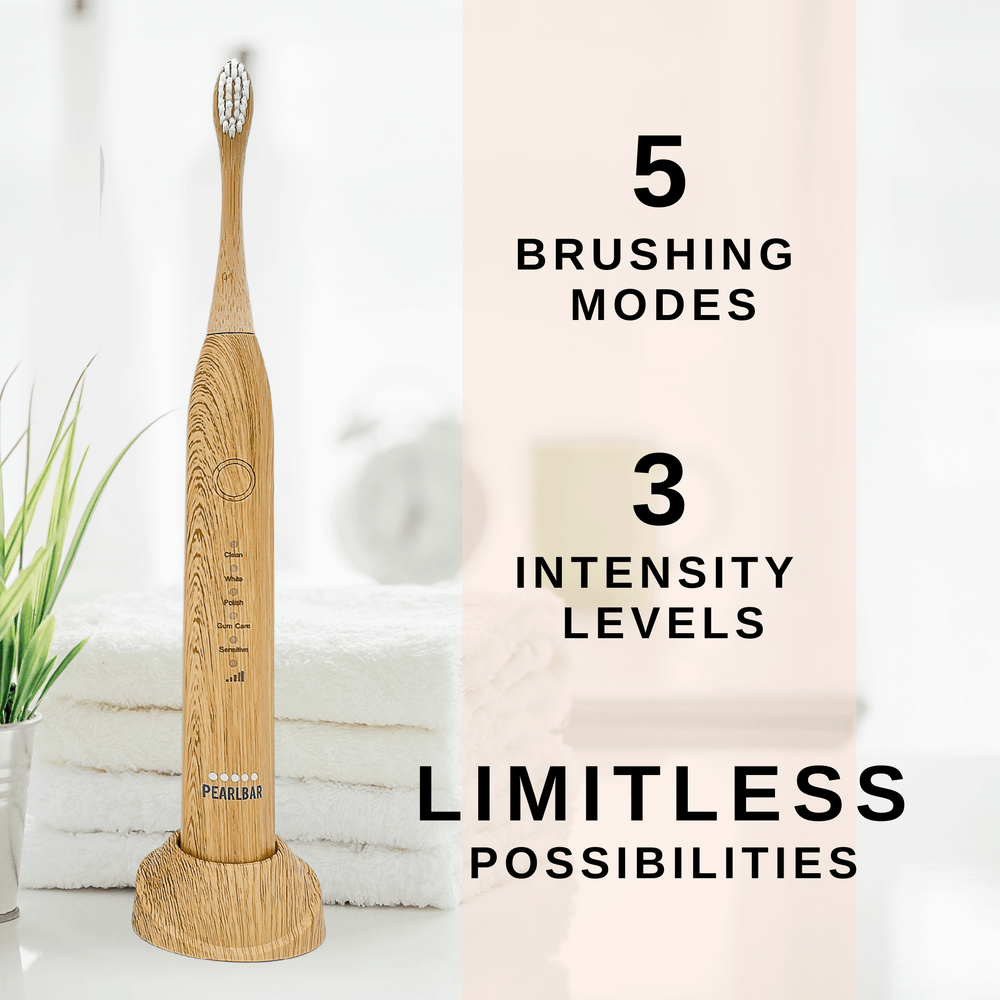 PearlBar Bamboo Sonic Electric Toothbrush - 3 replaceable Bamboo Electric Toothbrush Heads - Sonic powered - Charcoal bristles for teeth whitening without sensitivity