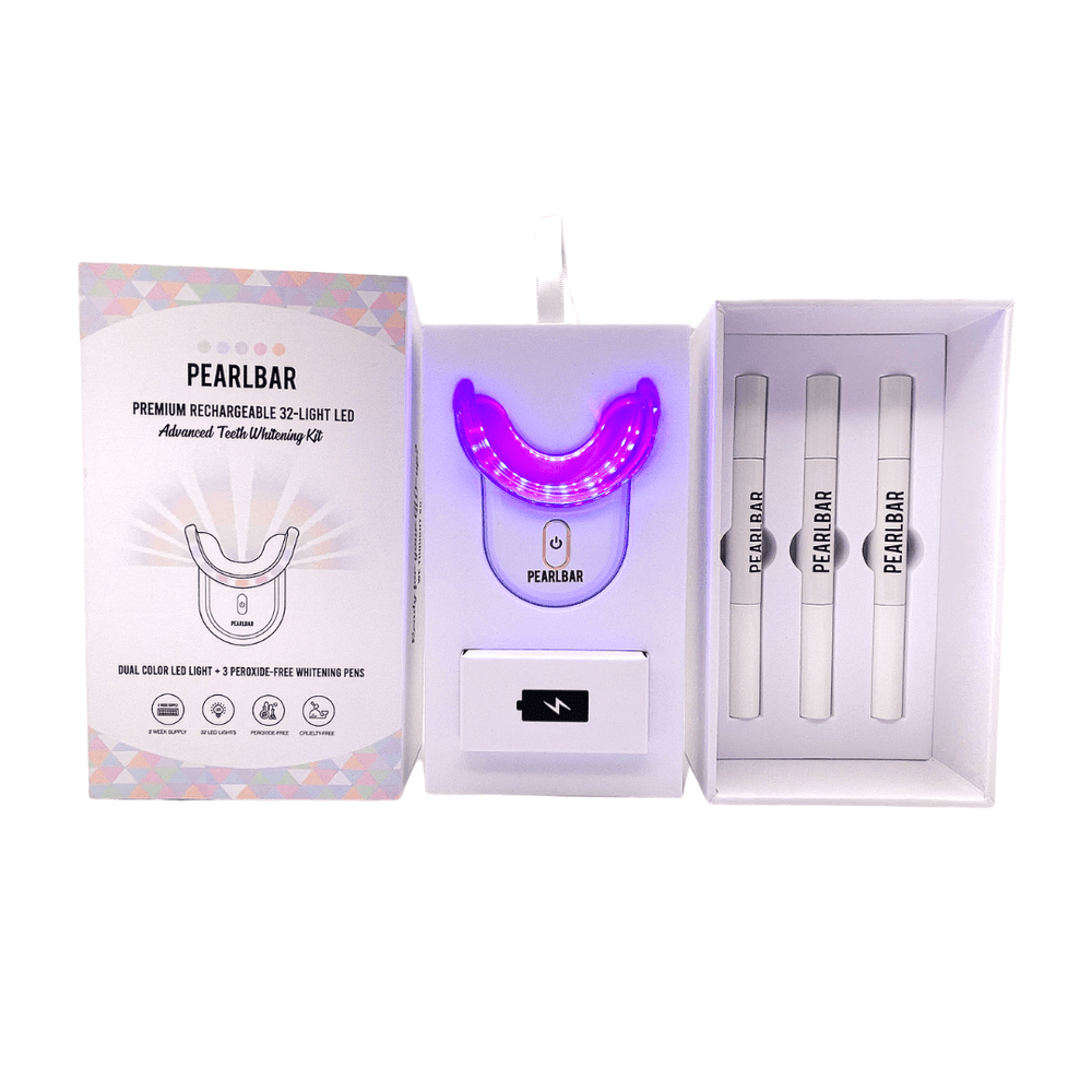 
                  
                    PearlBar Premium 32 Light LED Advanced Teeth Whitening Kit Pictured with Box, Portable LED Light, Botanical Teeth Whitening Pens, and Peroxide-Free Gel
                  
                