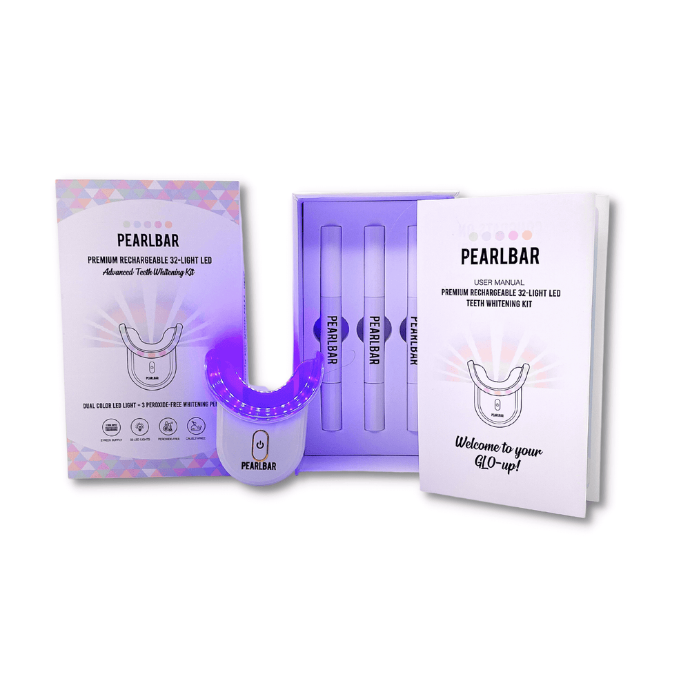 PearlBar Premium 32 Light LED Advanced Teeth Whitening Kit Pictured with Box, Portable LED Light, Botanical Teeth Whitening Pens, and Peroxide-Free Gel